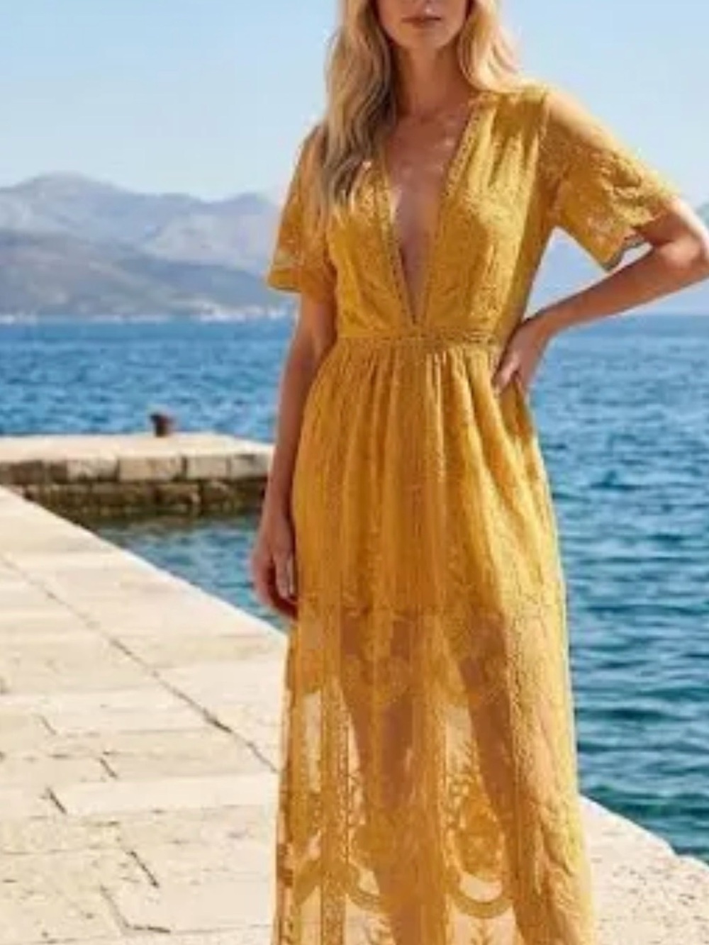 Wishlist Mustard Yellow Embroidered V‑Neck Maxi Dress Bohemian